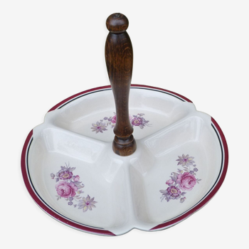 Serviteur 3 compartiments  en porcelaine fleurie