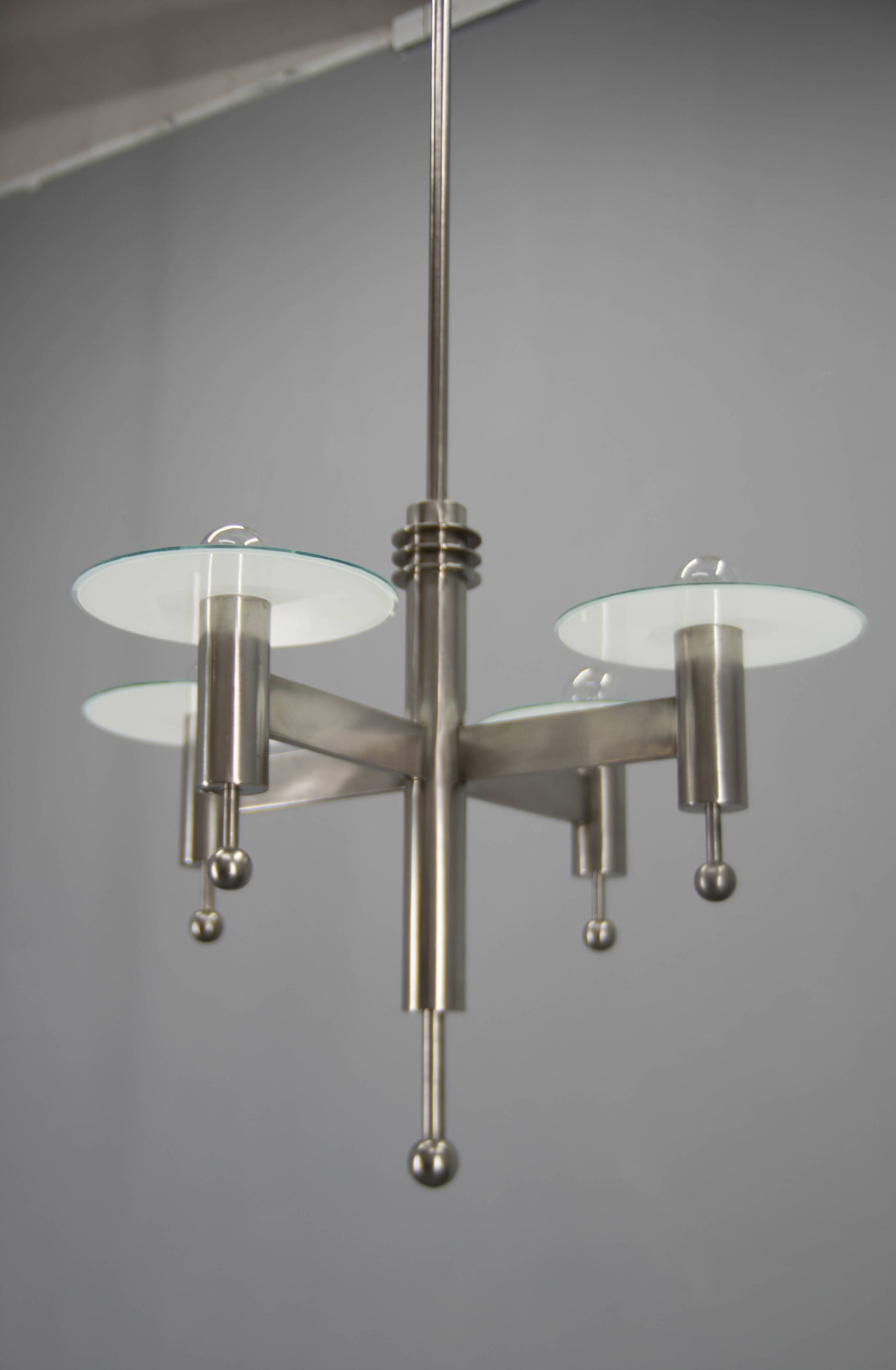 Machine Age Nickel-Plated 4-Flamming Chandelier, 1920s