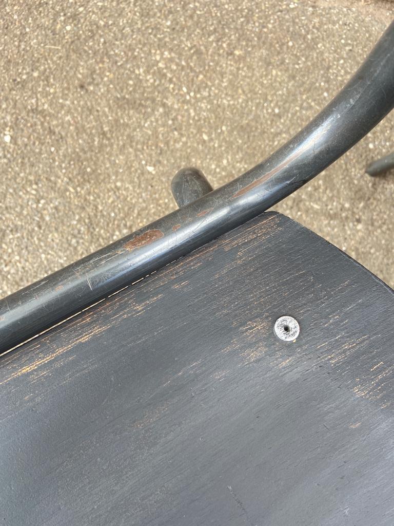 4 industrial school chairs tubular steel and mullca type wood