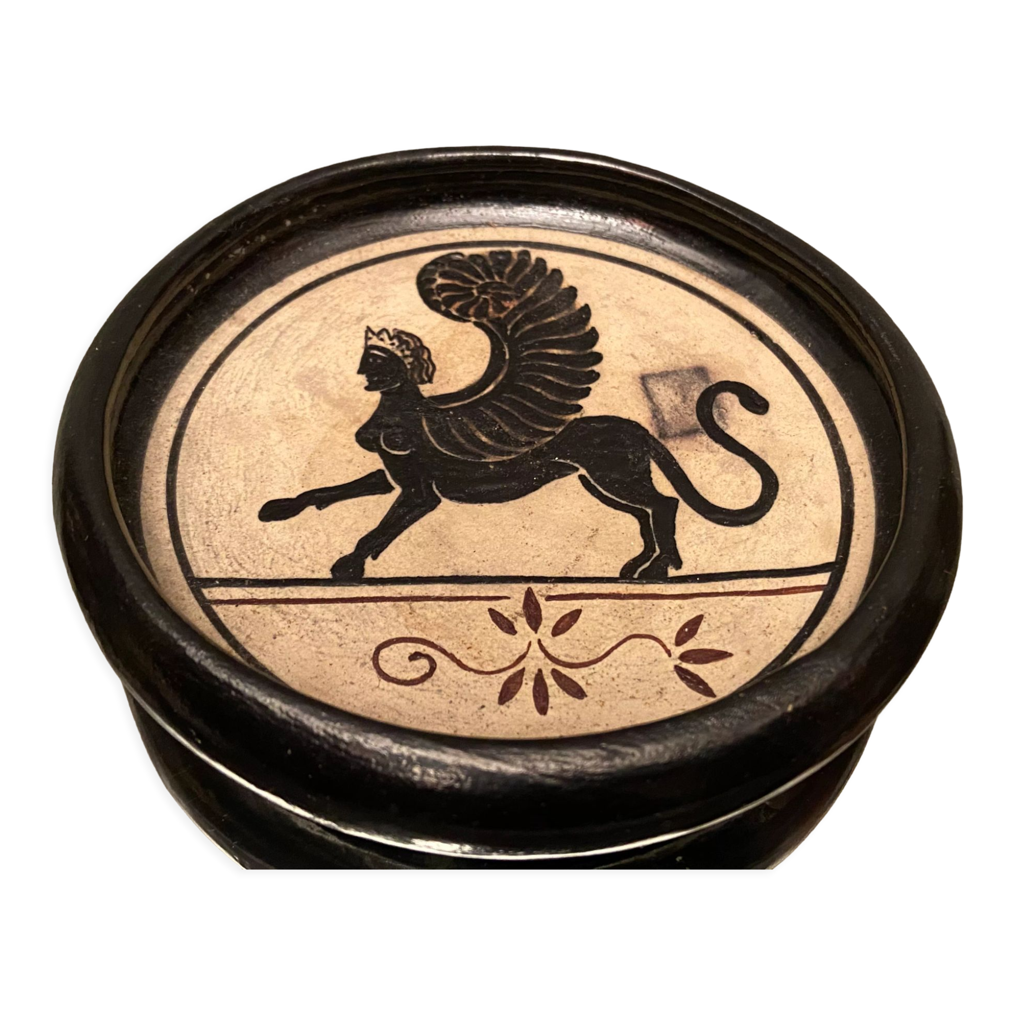 Cup decorated with winged sphinx in Ciboure sandstone signed Marie Fernandez