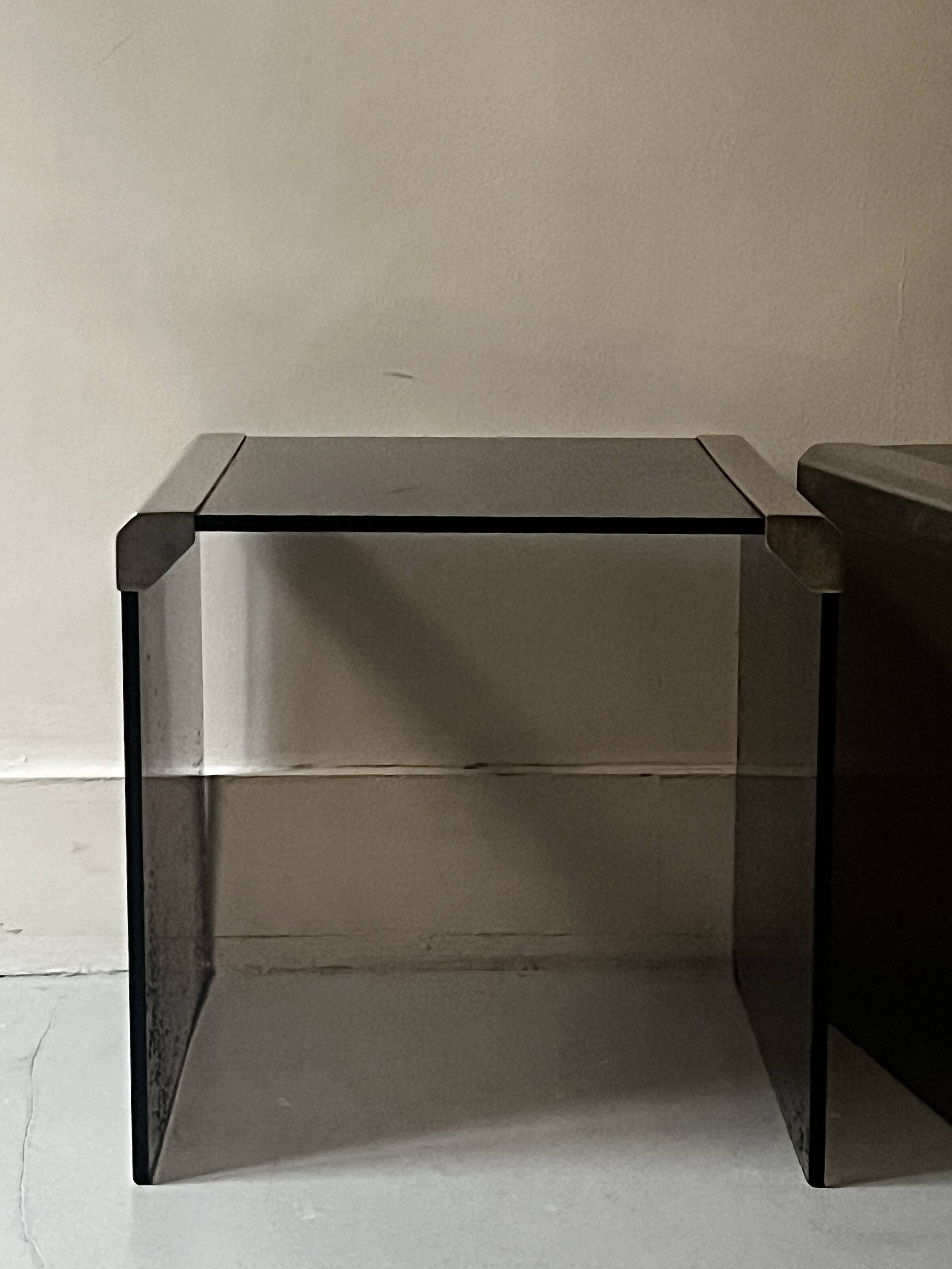 Design bedside table in metal & smoked glass, Roche Bobois 1970.