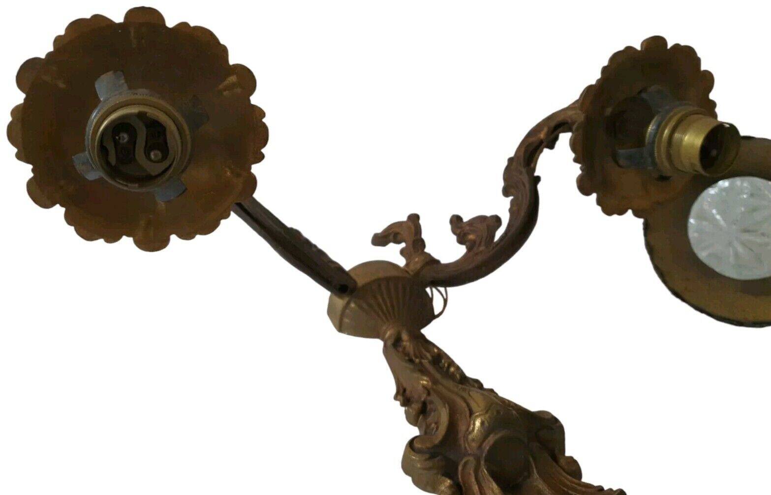 Old Bronze Double Wall Lamp Superb Molded Glass Globe