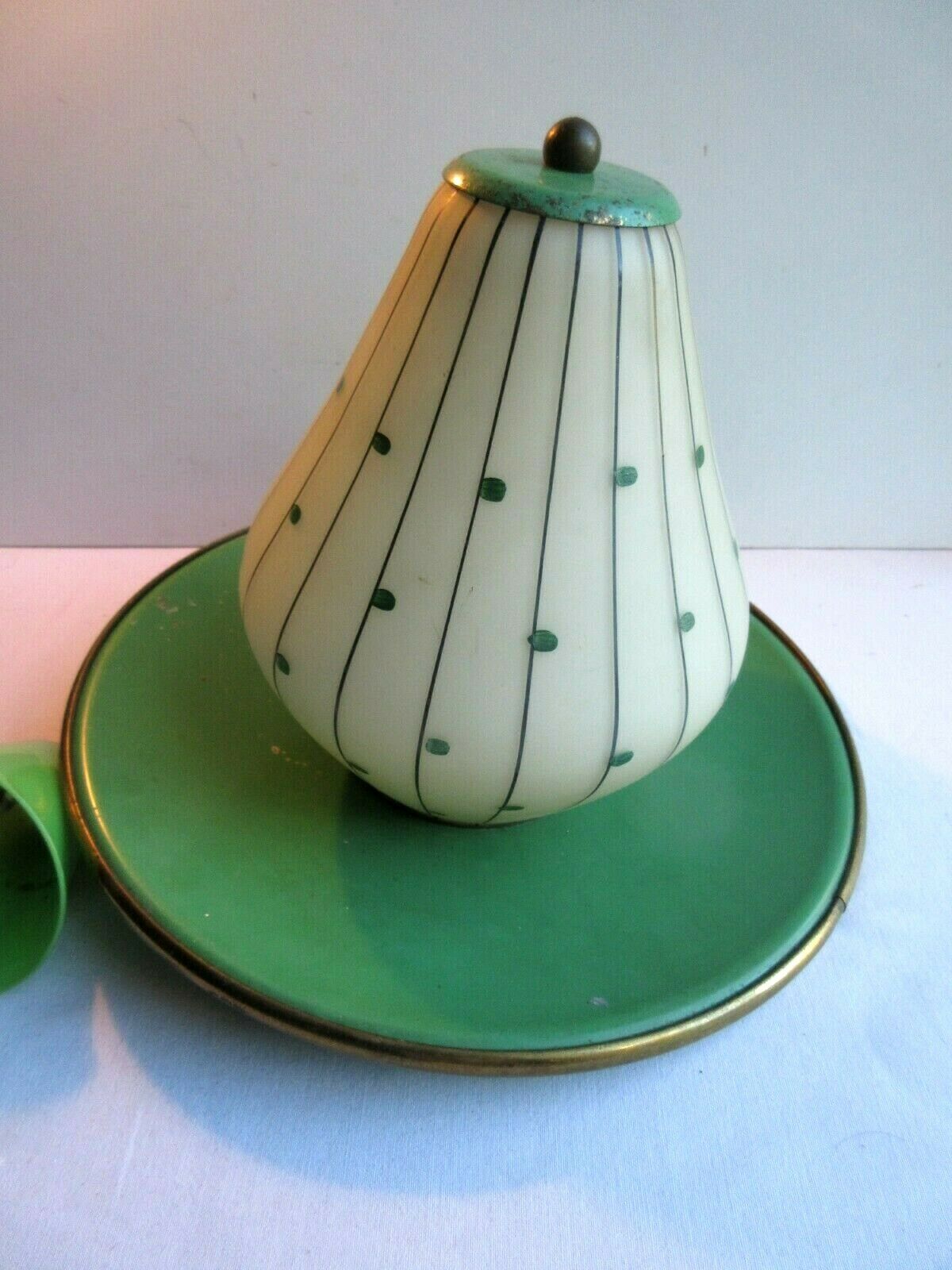 Green sheet metal and globe glass hanging lamp