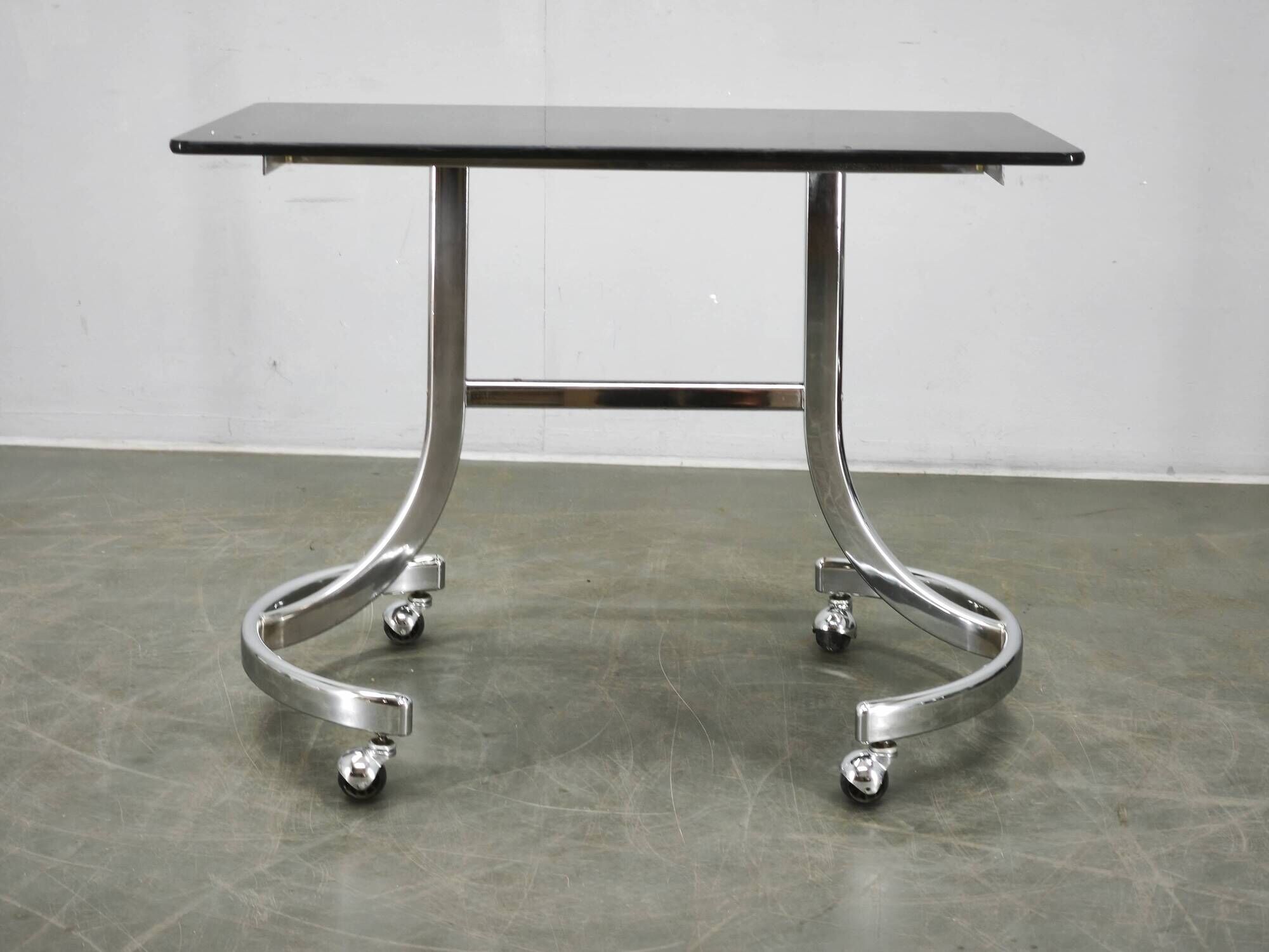 1970s Italian Space Age Chrome and Smoked Glass Rolling Side Table