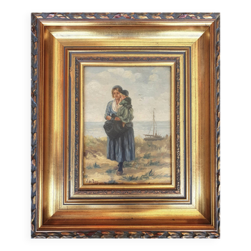 2 x Mother and child in the dunes, signed / J. de Zon (lower left) / oil on wood