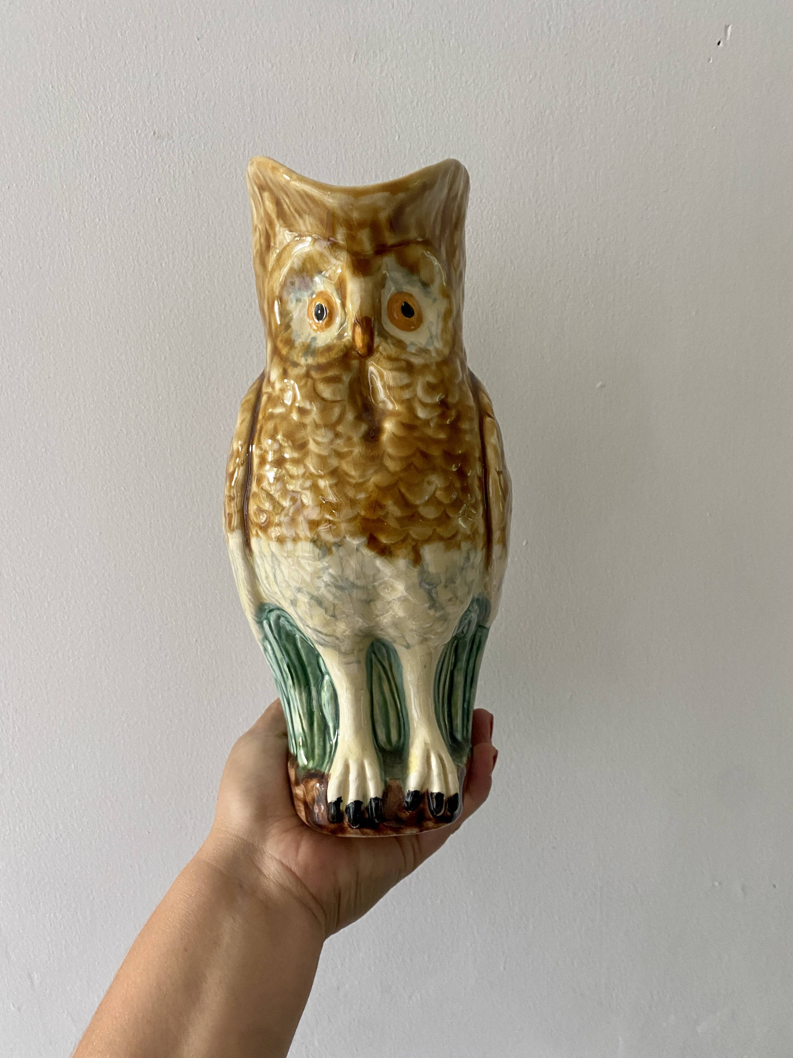 Pichet - carafe vintage en barbotine en forme de hiboux