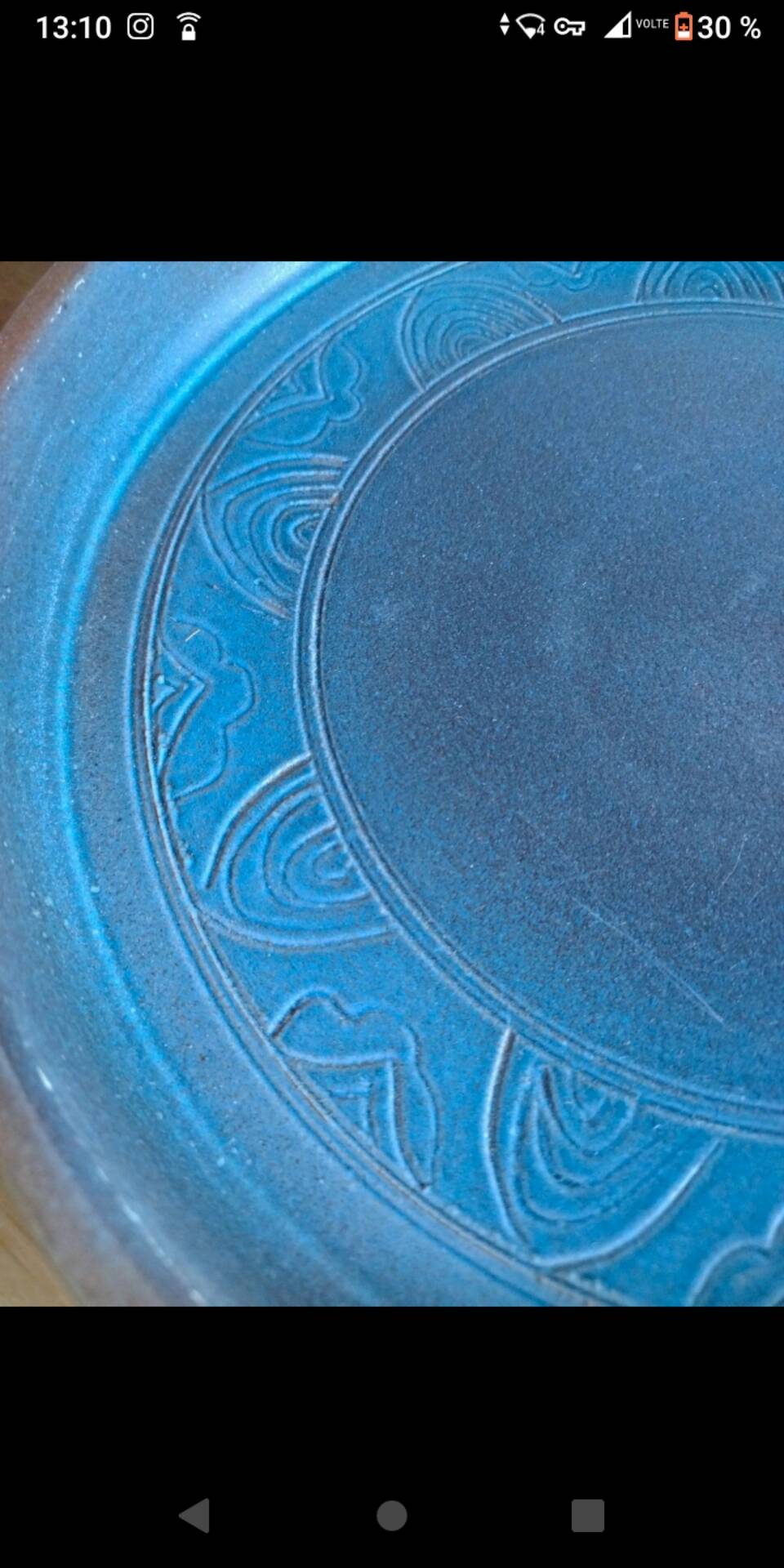 Vintage blue ceramic saucer dish bowl under pot