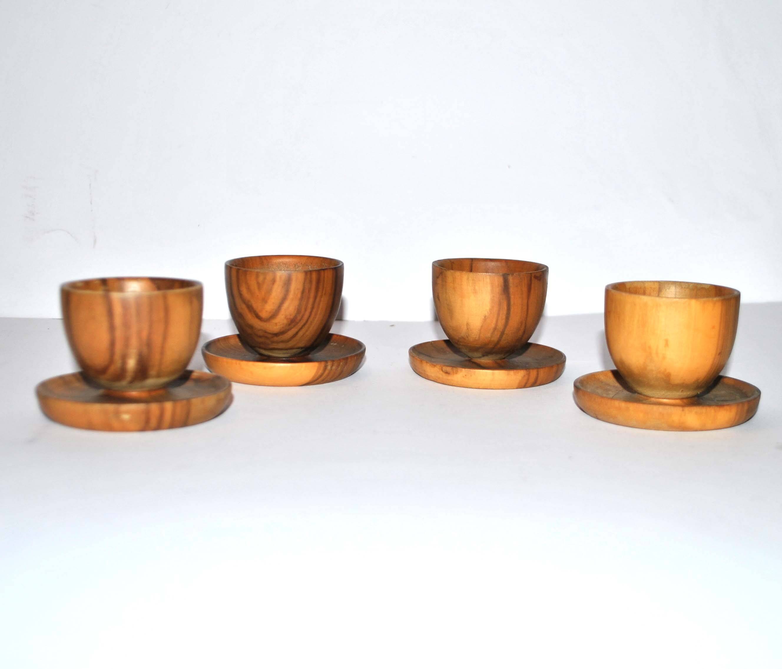 Set of 4 vintage mushroom egg cups in olive wood 4.5cm