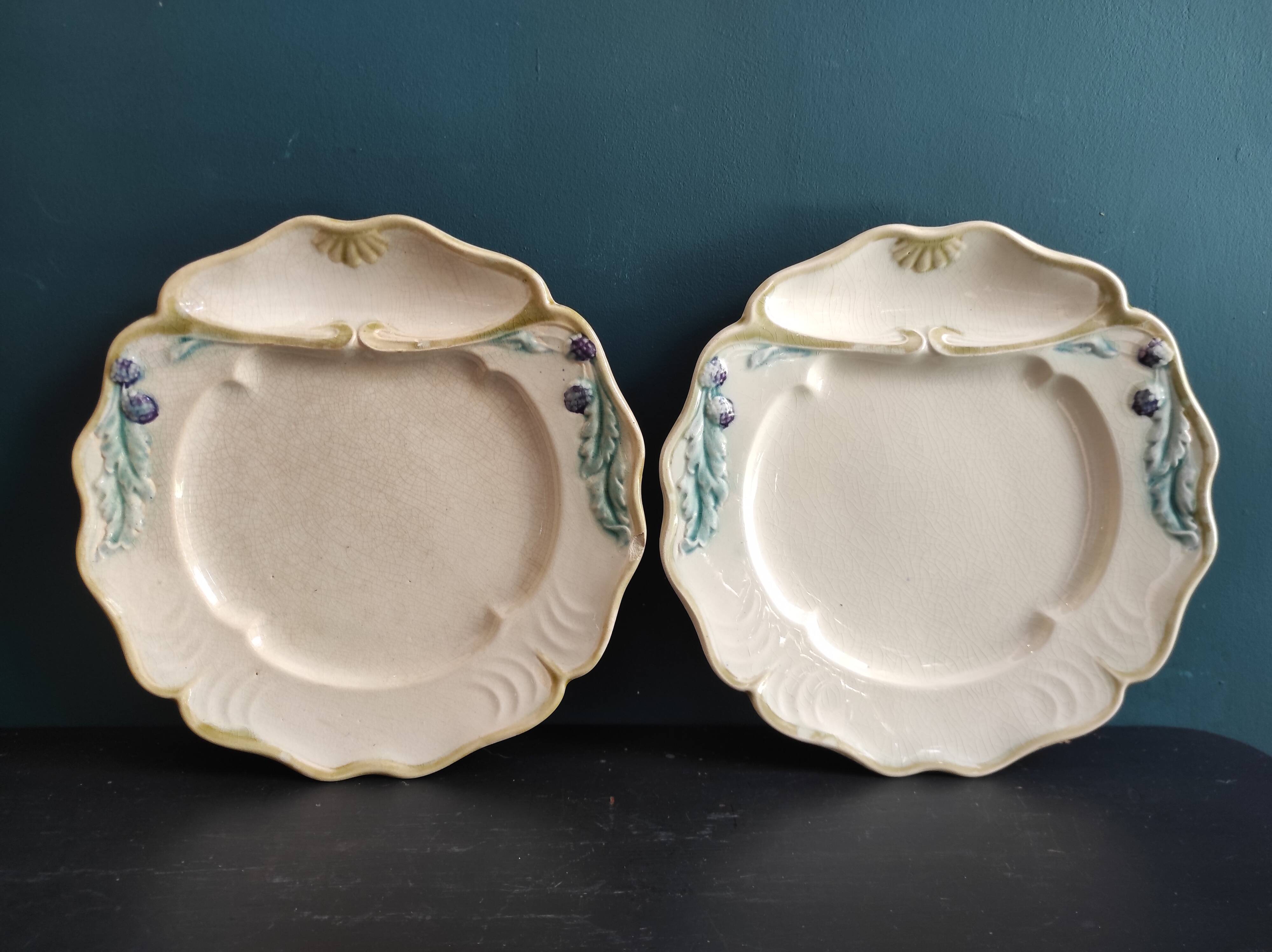 Set of 2 antique French fondue or artichoke plates in Majolica