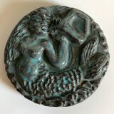 Green-blue enameled ceramic (stoneware) candy box with mermaid decoration, mid-20th century