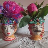 Set of 2 Sicilian vases ceramic heads of caltagirone