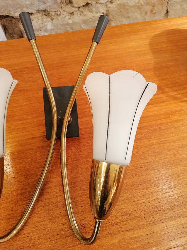 Sconce 2 brass branches, opaline tulip, 1950