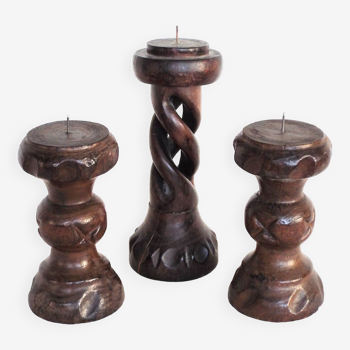 3 turned wooden candle holders