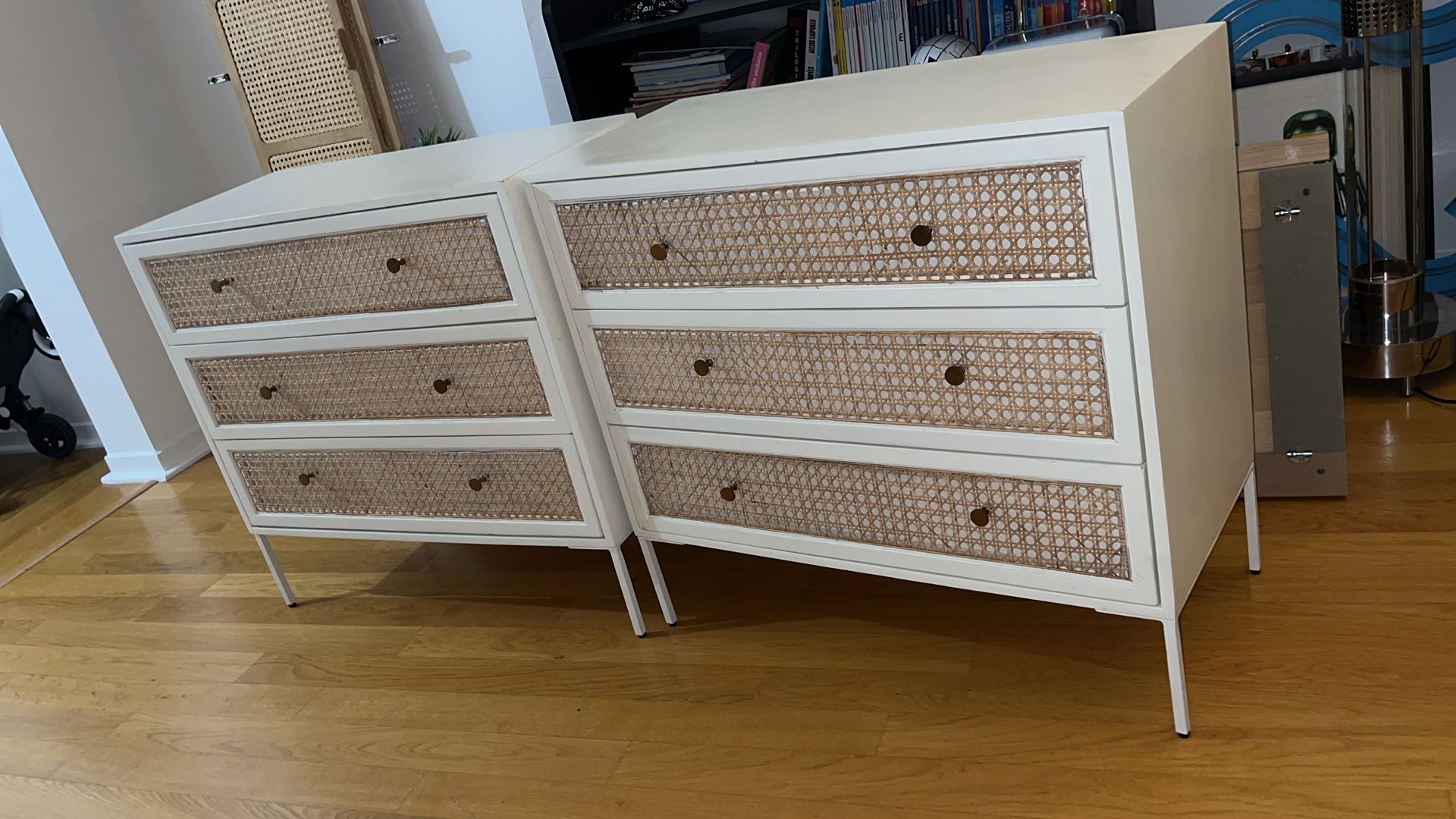 Pair of wooden and cannage chests of drawers