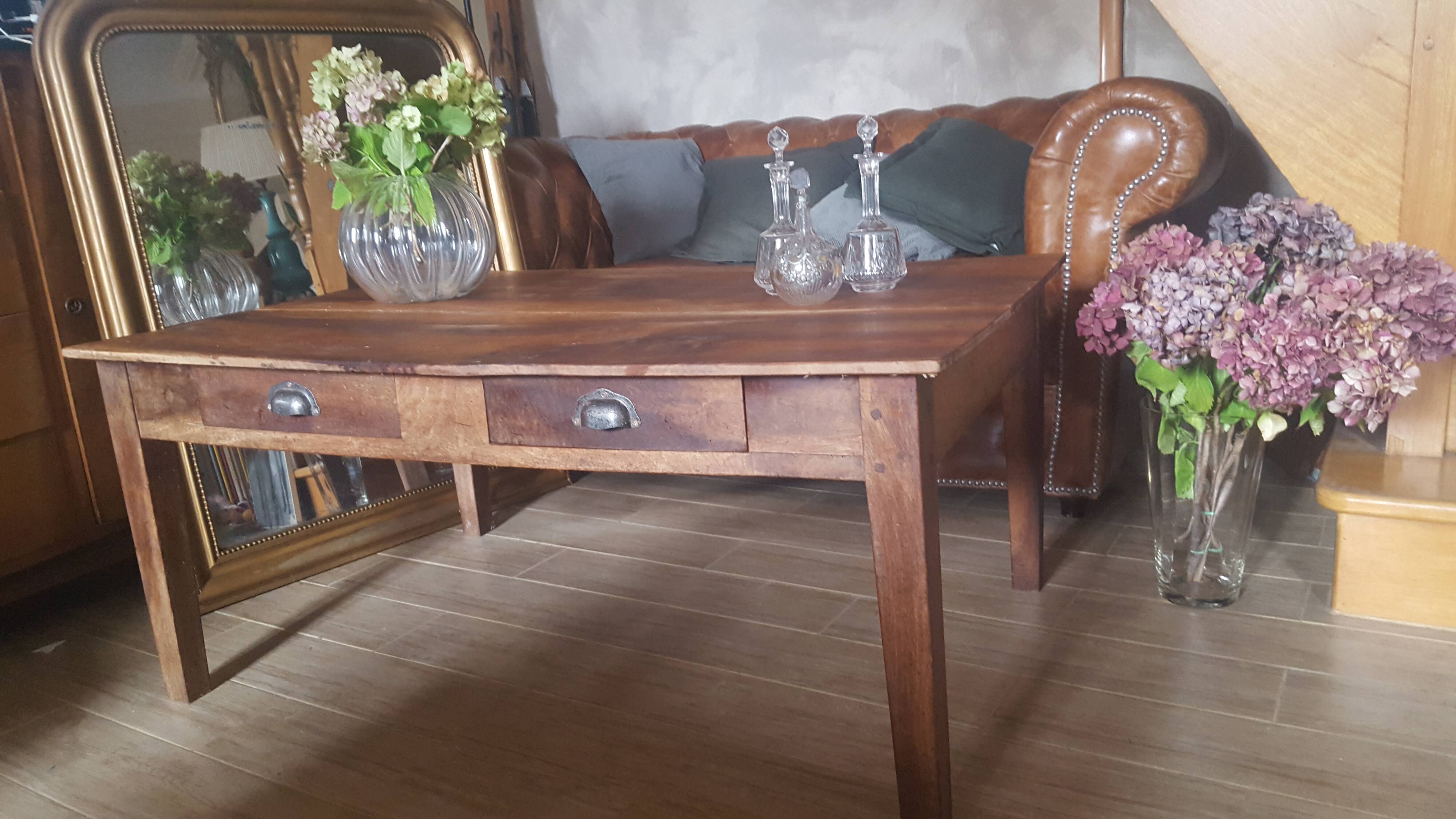 Farm table coffee table with drawers
