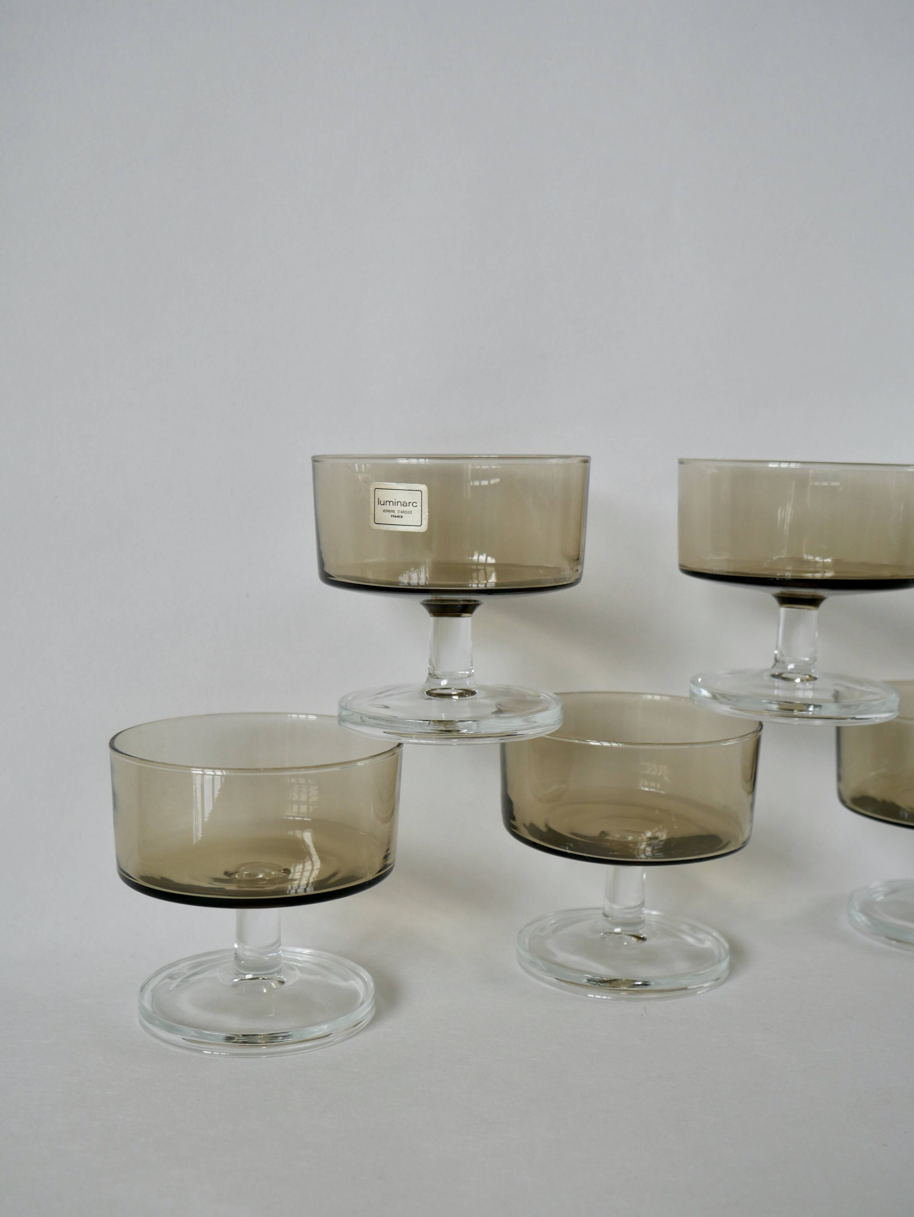 Set of 5 70s Luminarc smoked glass champagne glasses