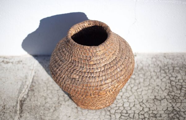 Panier ancien, bourgne paille et ronce, panier tressé avec couvercle, décoration intérieur, garde-ma