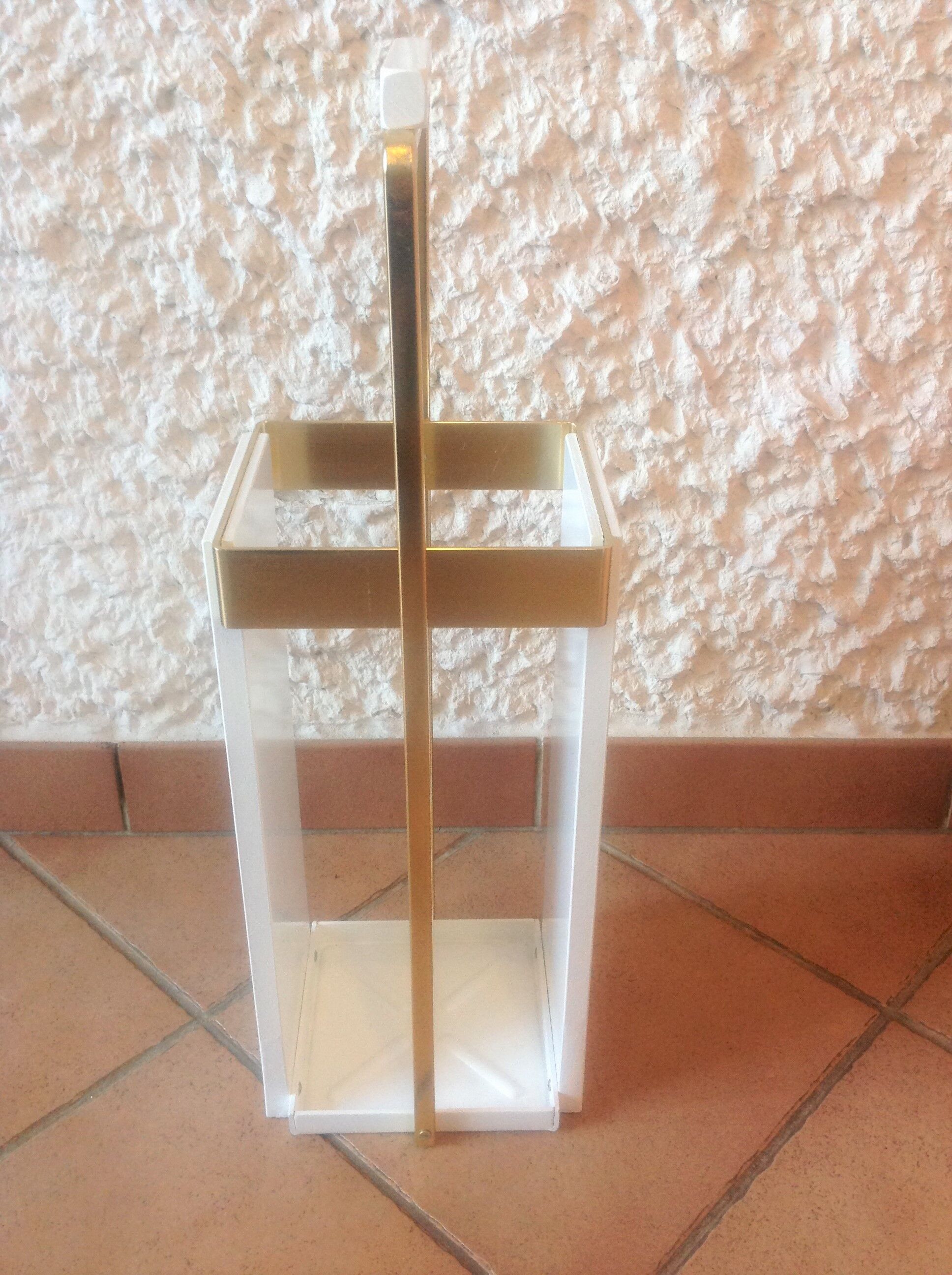 White lacquered wood and brass umbrella stand / vintage 60s-70s