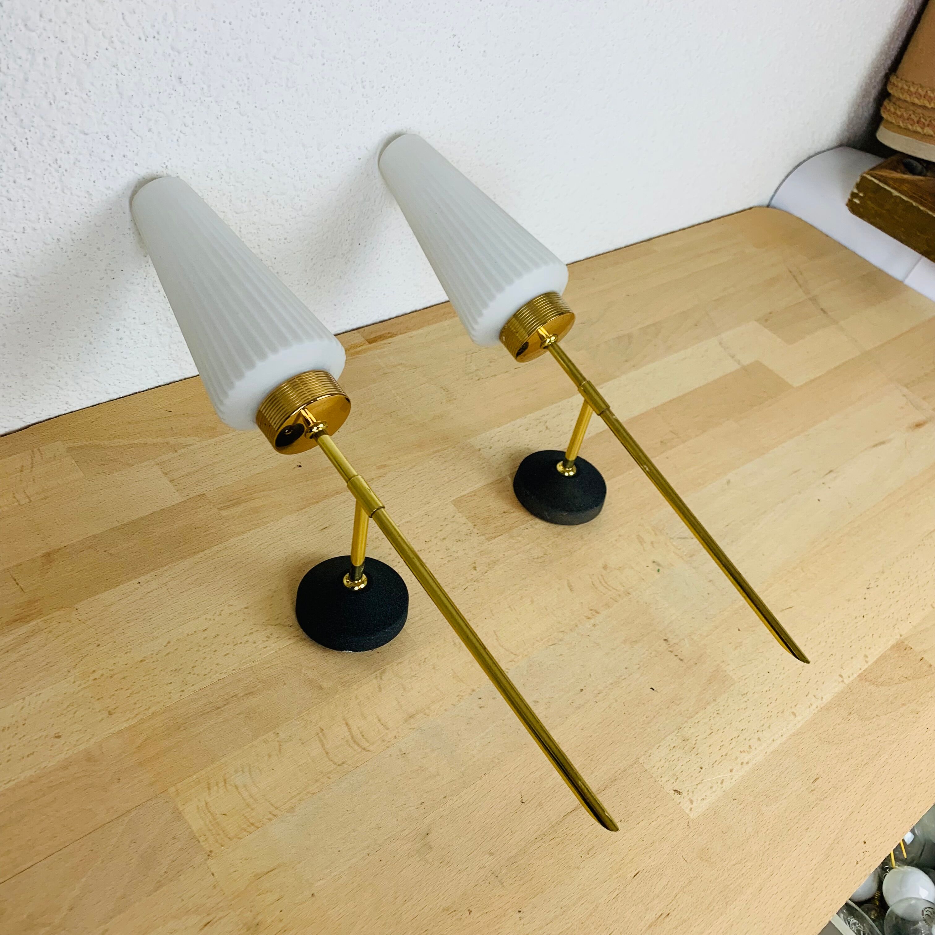 Pair of brass and opaline Lunel sconces, Arlus 50s