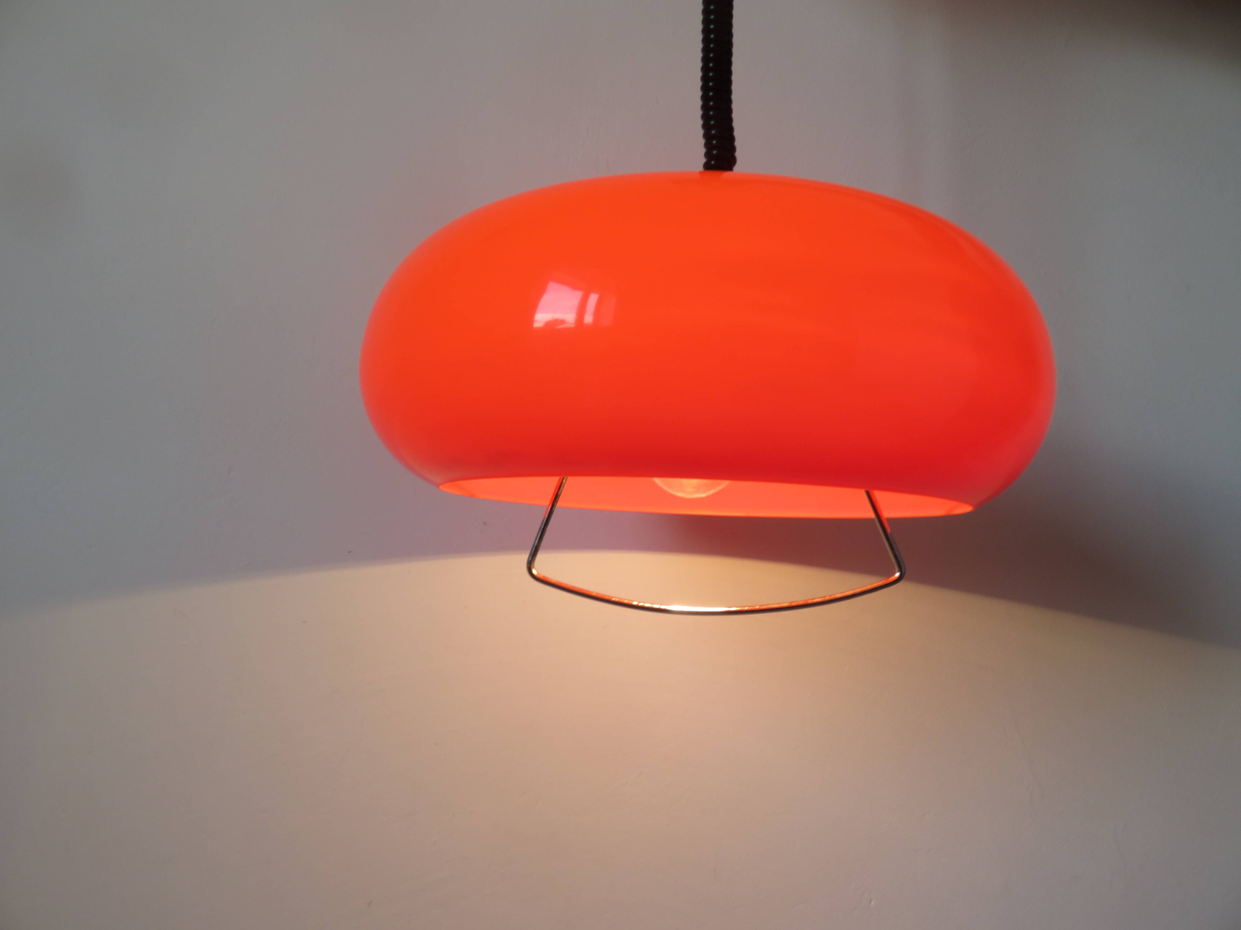Orange perspex and chrome metal pendant light, space age, 1970