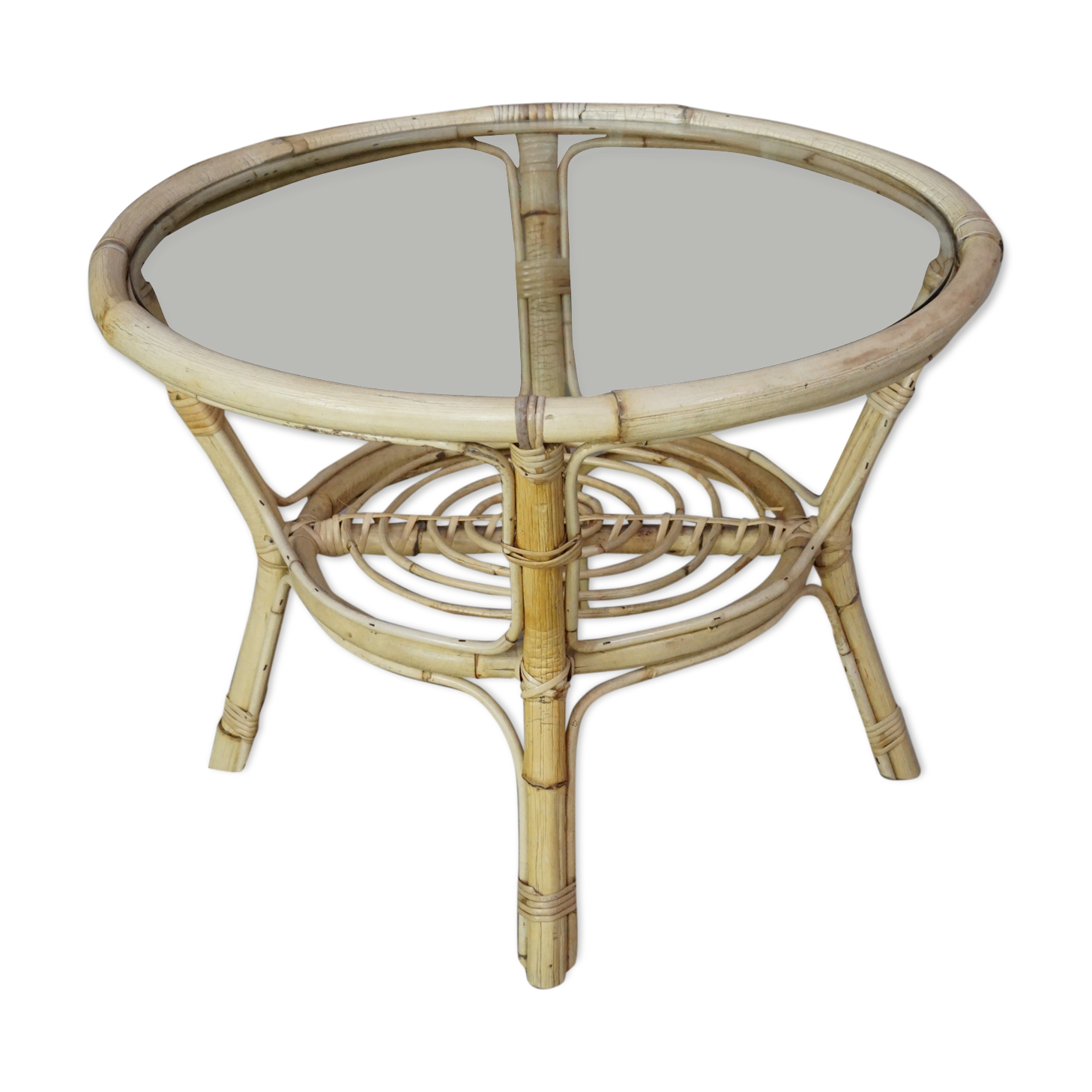Table basse années 60 en rotin et verre