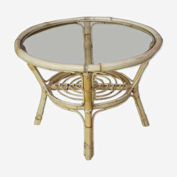 60s coffee table in rattan and glass