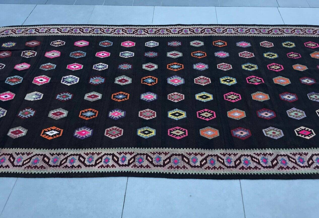 Old Black Anatolian Oushak Kilim Rug