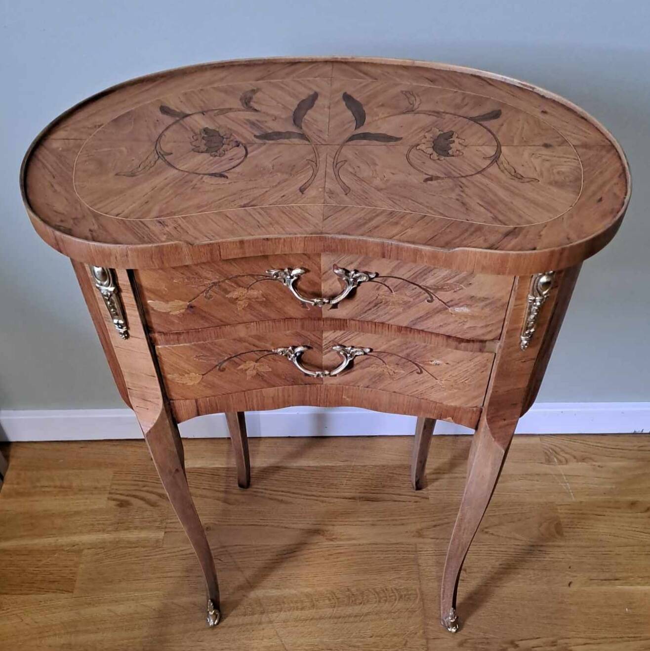 Louis XV style marquetry "kidney" bedside table