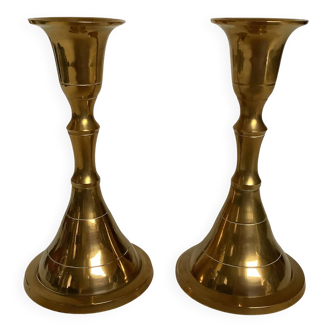 Pair of small brass tulip-shaped candlesticks