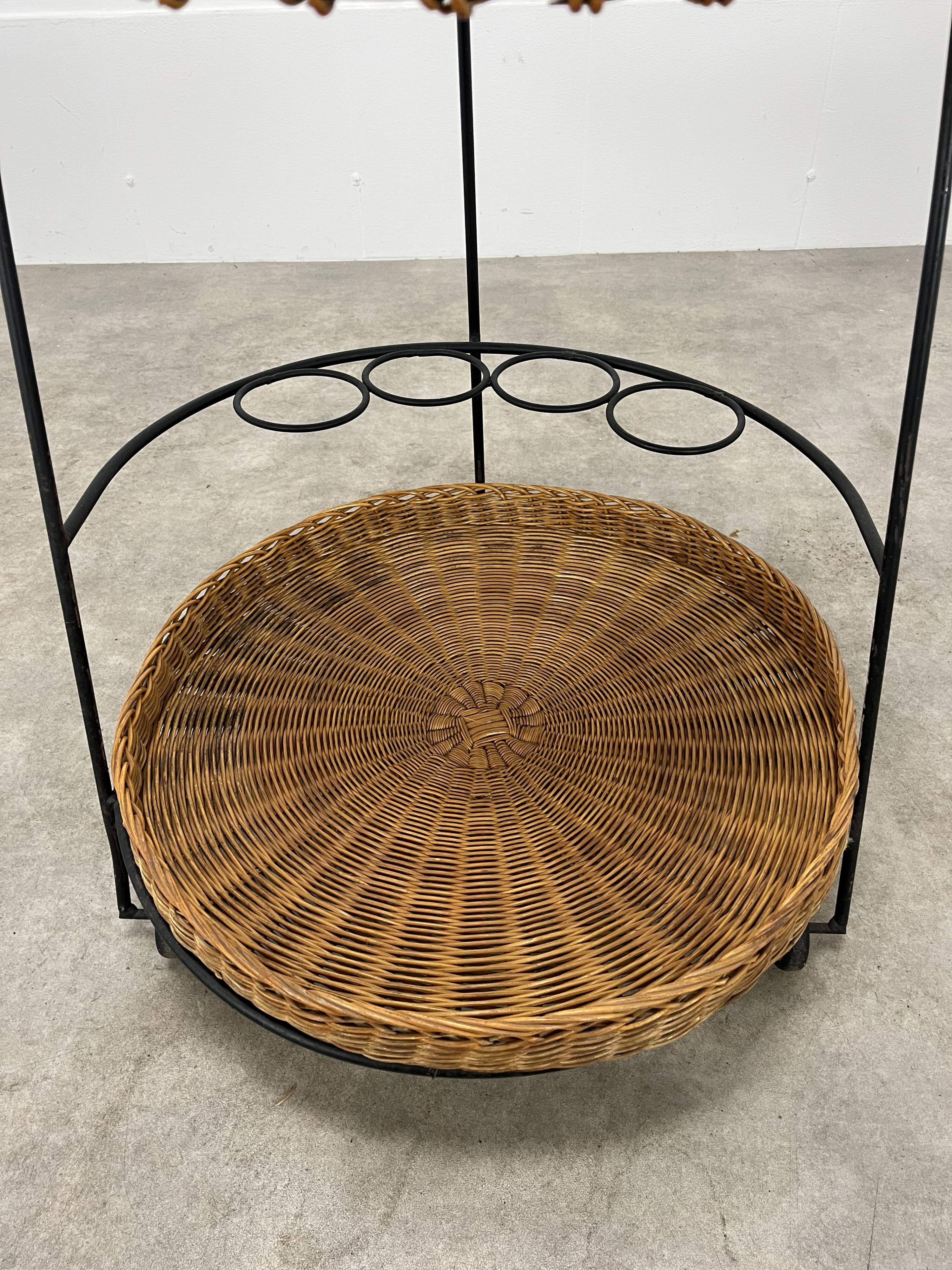 Raoul Guys style metal and rattan serving trolley from the 50s