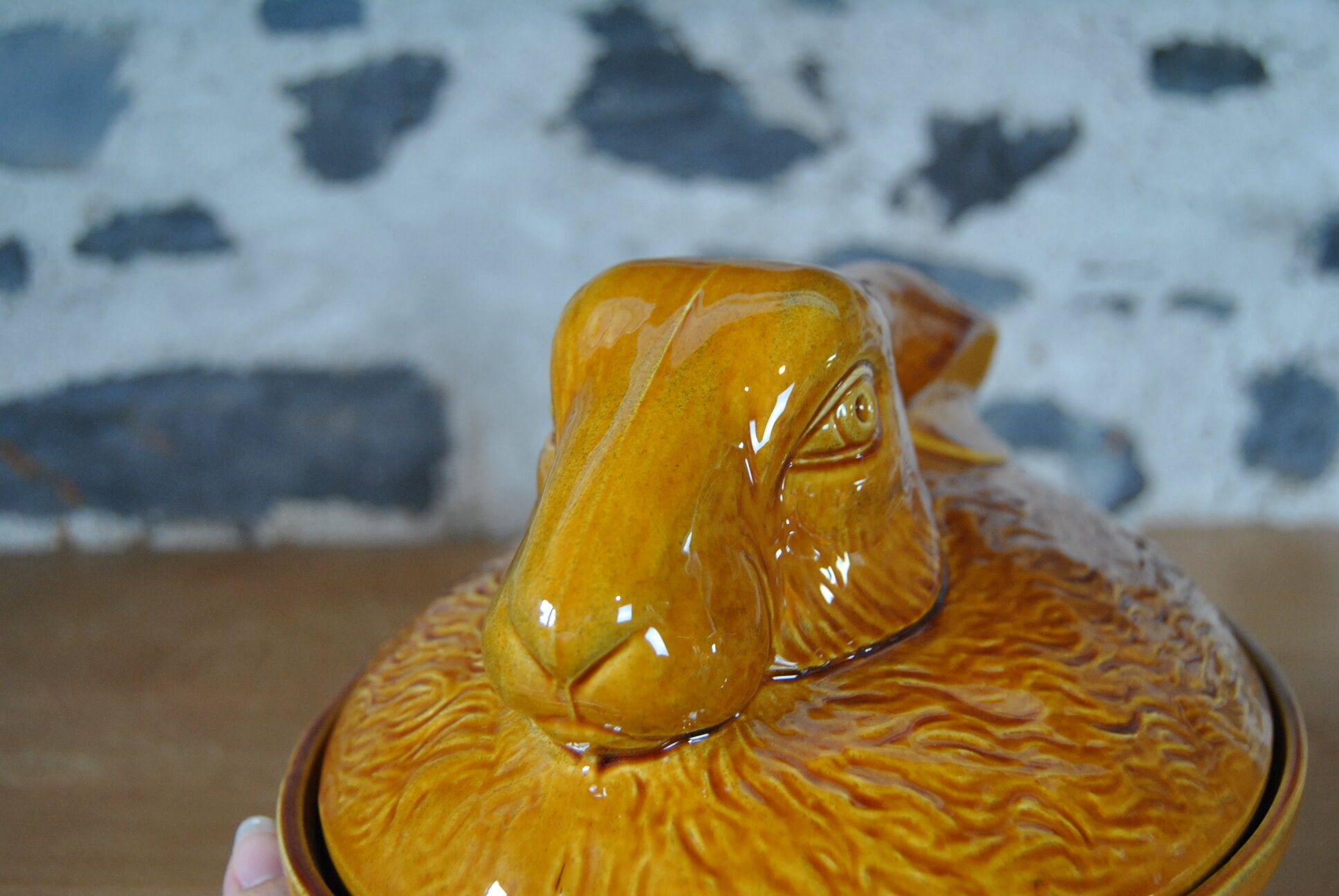 Vintage yellow enamelled rabbit terrine