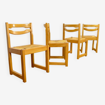 4 Chaises en Orme Blond & Assise Paille Maison Regain 1970 / 1980