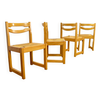4 Blond Elm Chairs & Straw Seats Maison Regain 1970/1980