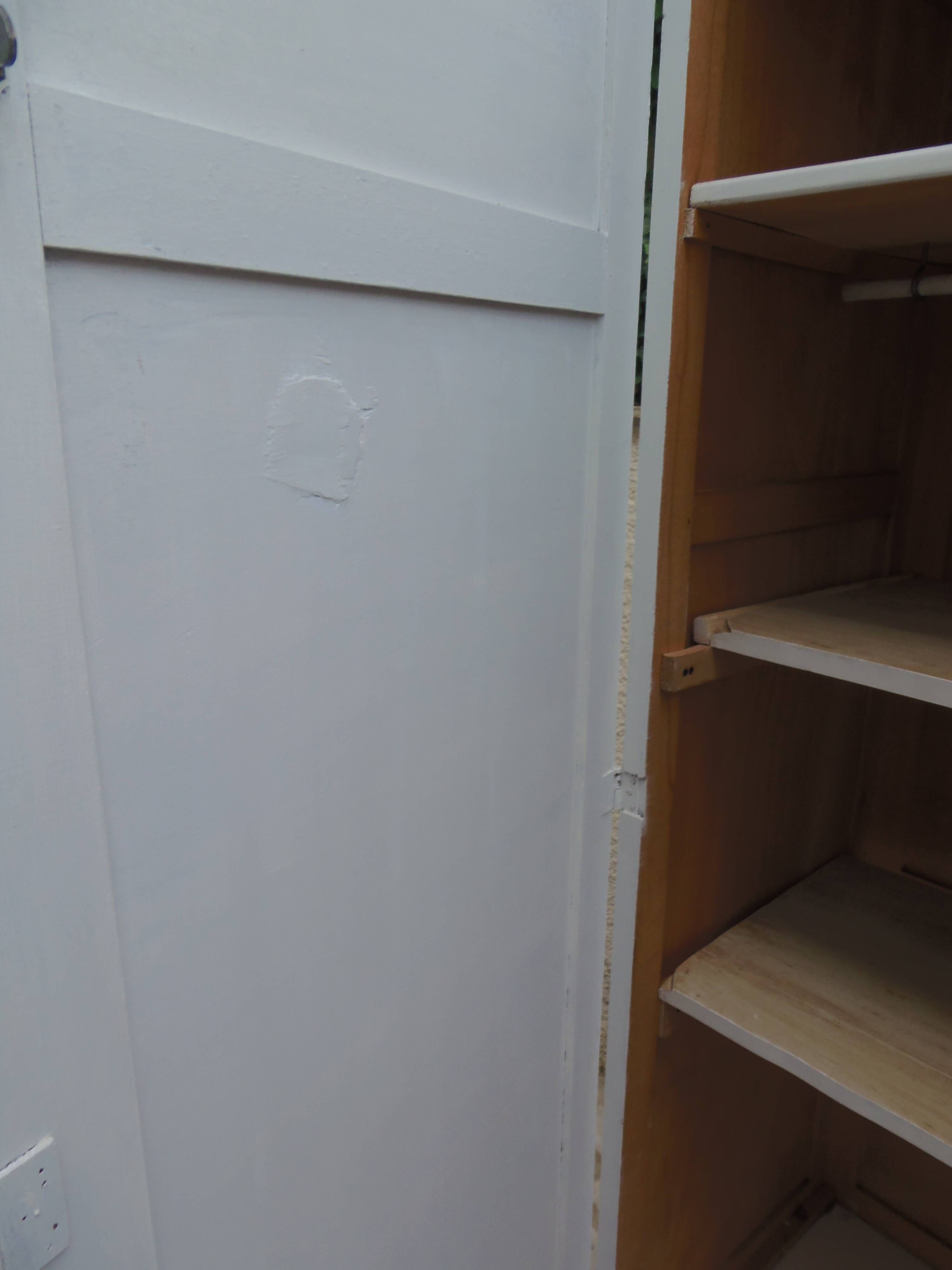 1950s wardrobe, 2 doors, one bar, 3 shelves, re-enchanted in pearl gray with waxed finish.