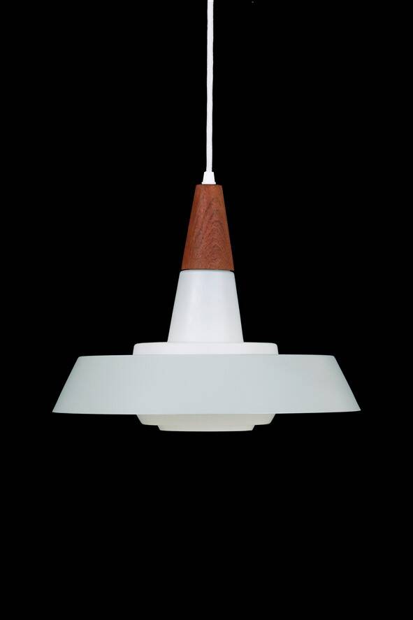 Rare Ernst Voss pendant lamp / glass / teak / aluminium / mid-century Danish modern design / 1960s