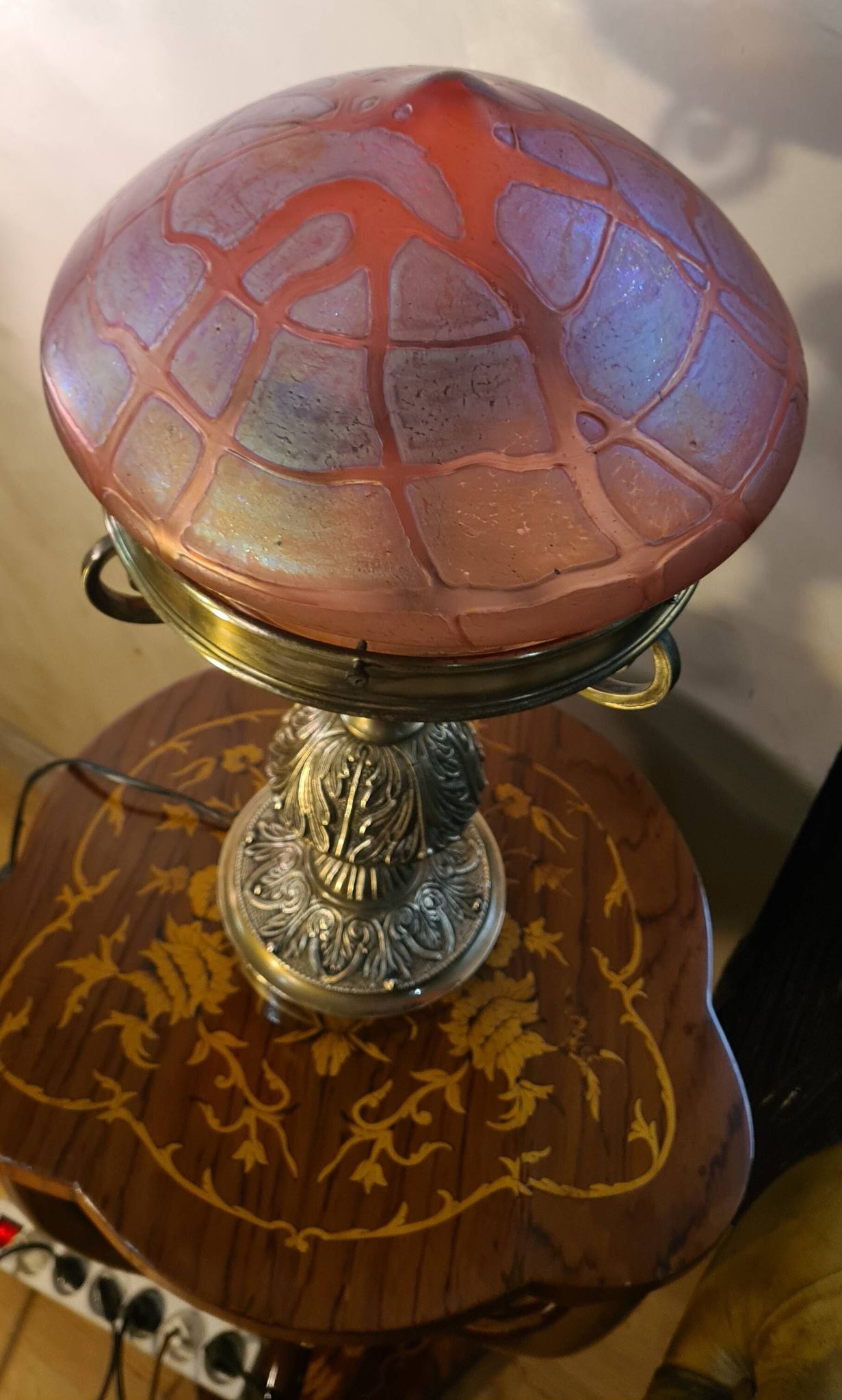 Austrian Art Nouveau bronze lamp with Loetz style art glass shade L54x32