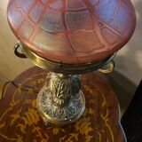 Austrian Art Nouveau bronze lamp with Loetz style art glass shade L54x32