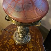Austrian Art Nouveau bronze lamp with Loetz style art glass shade L54x32