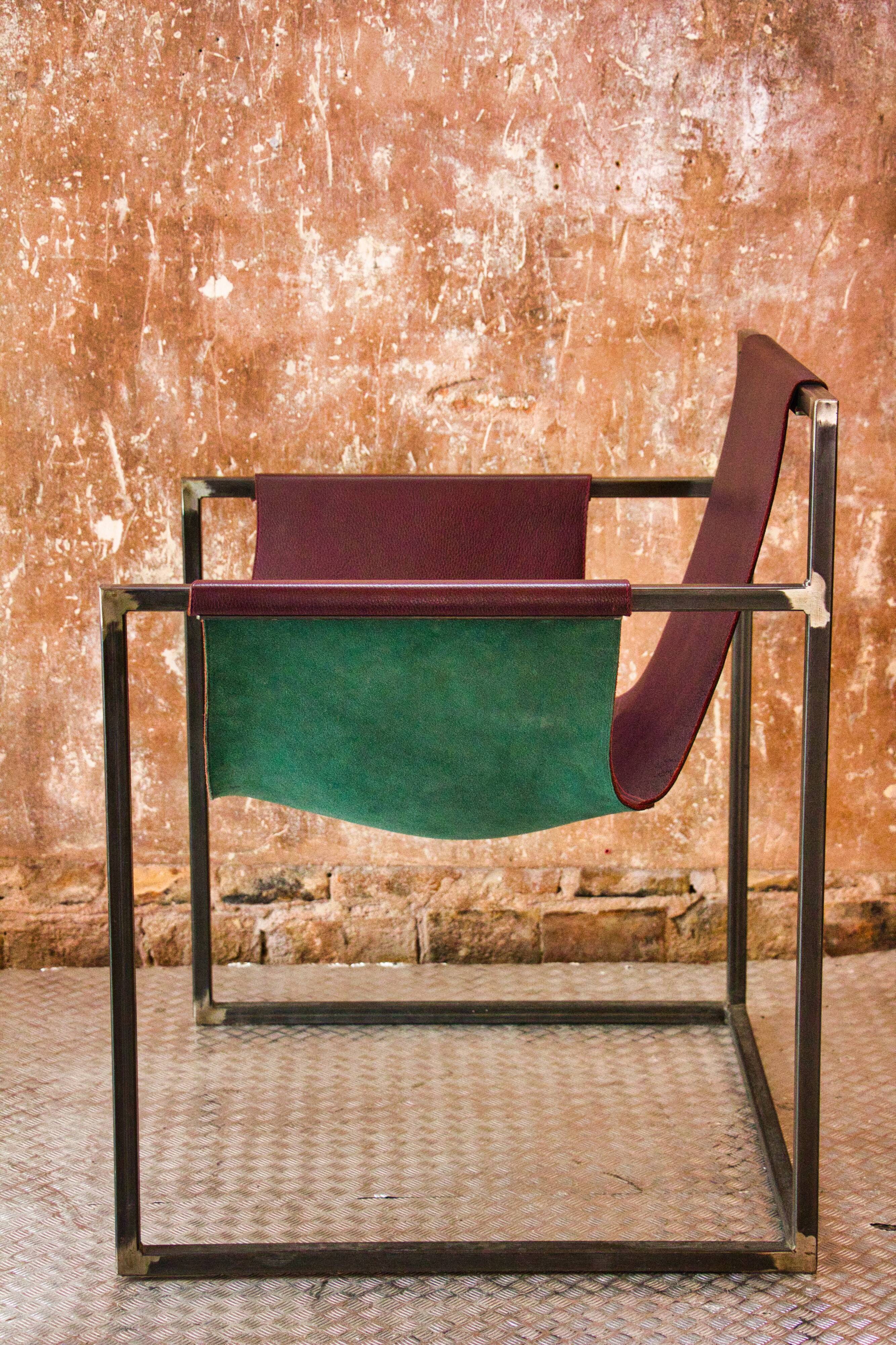 Burgundy leather armchair metal style indus contemporary design