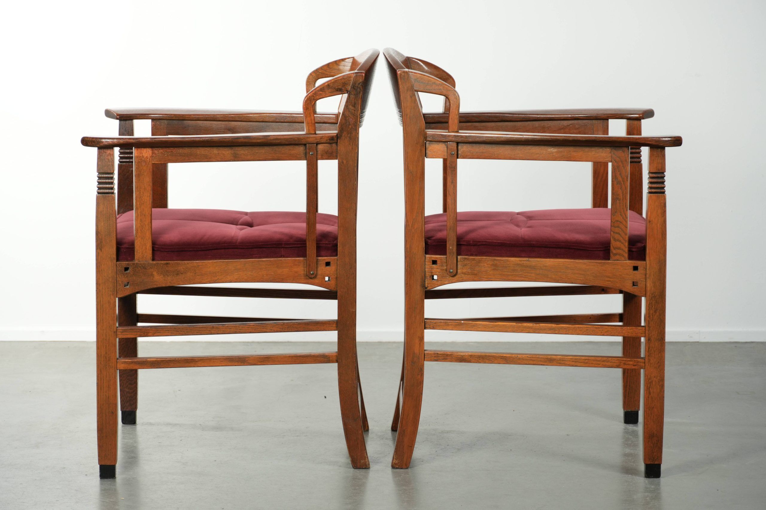 Set of two Art Nouveau design dining chairs with  red fabric upholstery