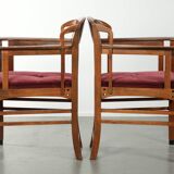 Set of two Art Nouveau design dining chairs with  red fabric upholstery