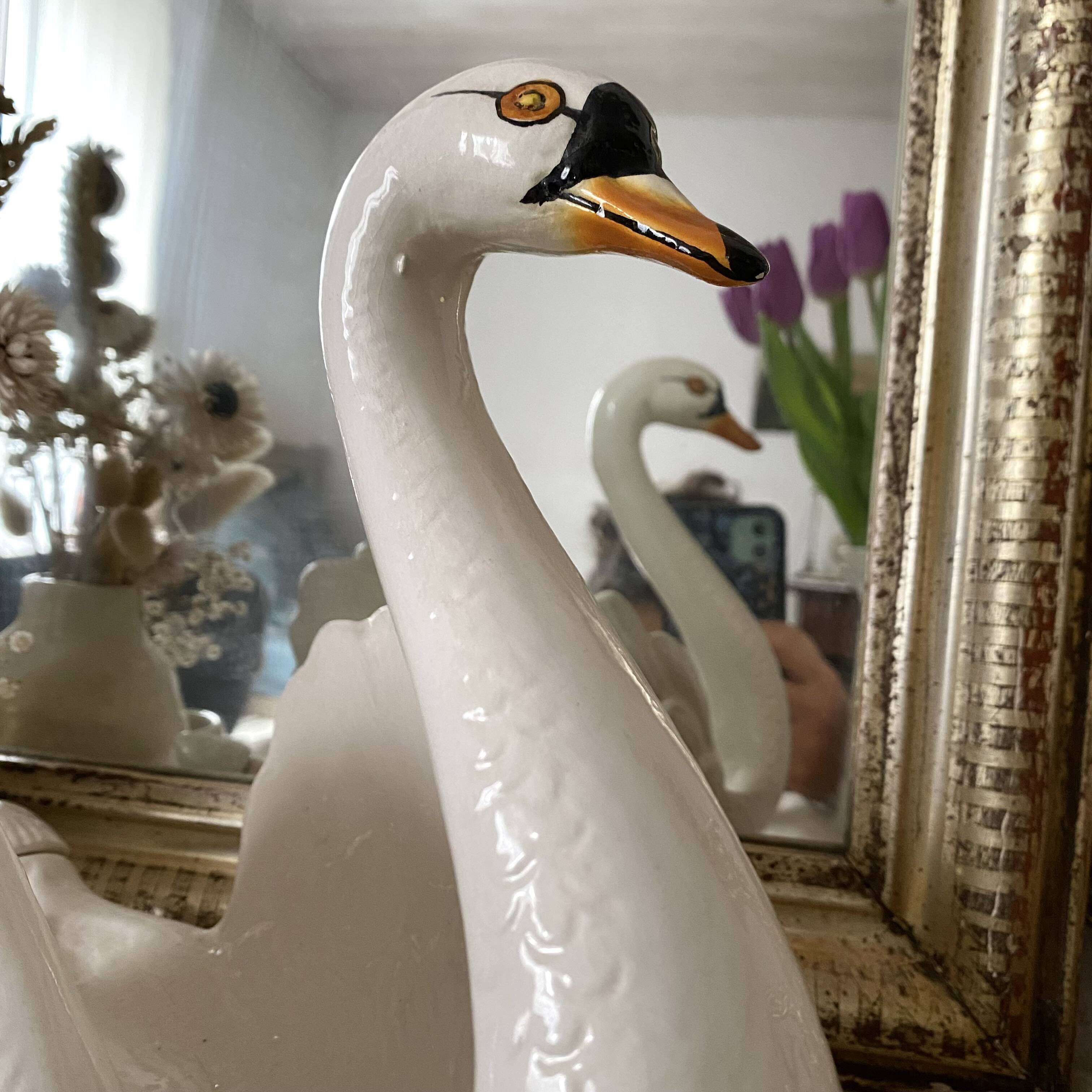 Vintage ceramic grand swan, antique carafe.
