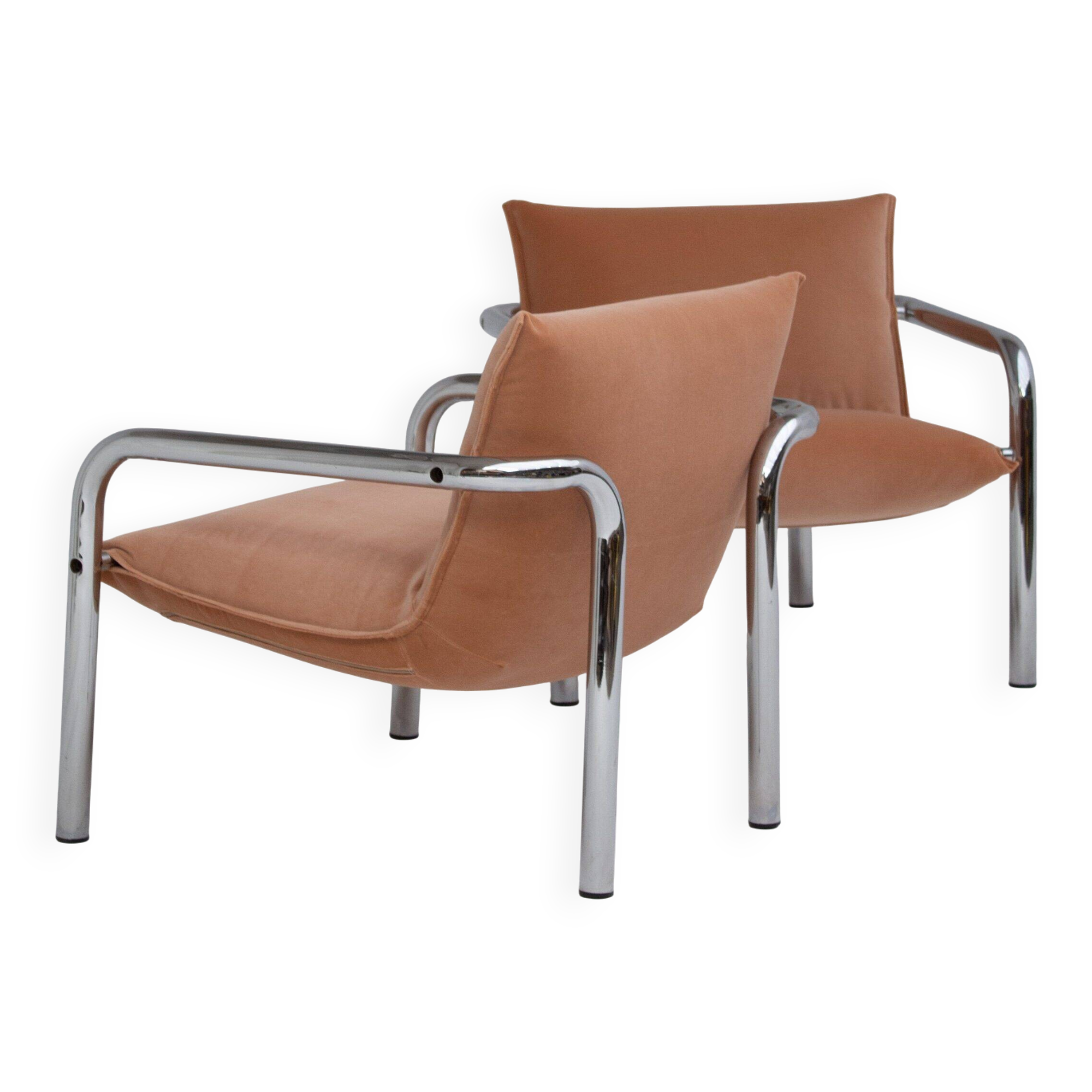 Pair of tubular armchairs in salmon velvet