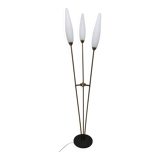 Lampadaire à 3 branches de 1960 laiton doré, fonte et opalines