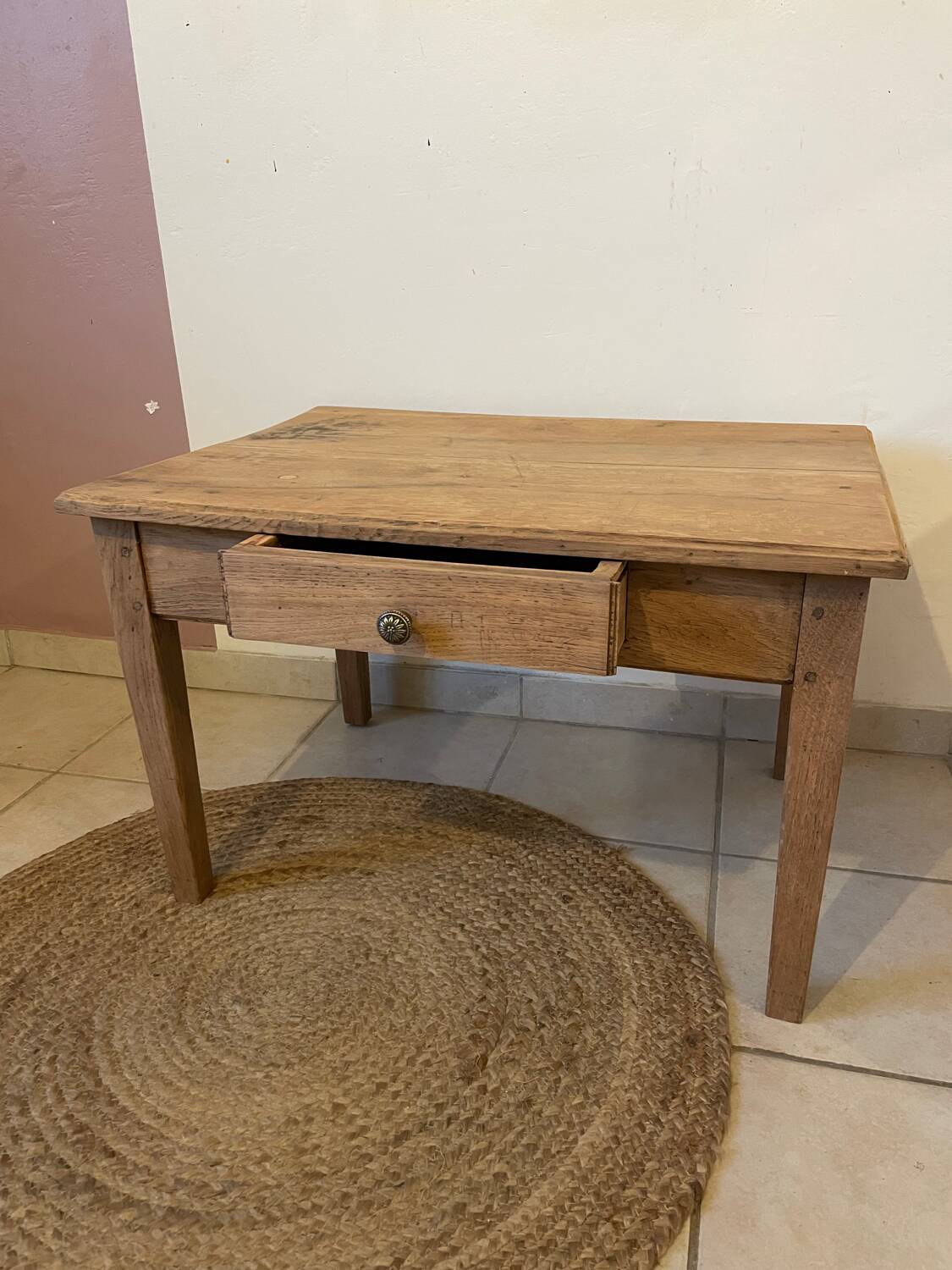 Farmhouse coffee table in solid oak with drawer — rustic style / ca