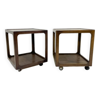 Mid-Century Pair of Side Tables with Wheels, Wood, 1960s