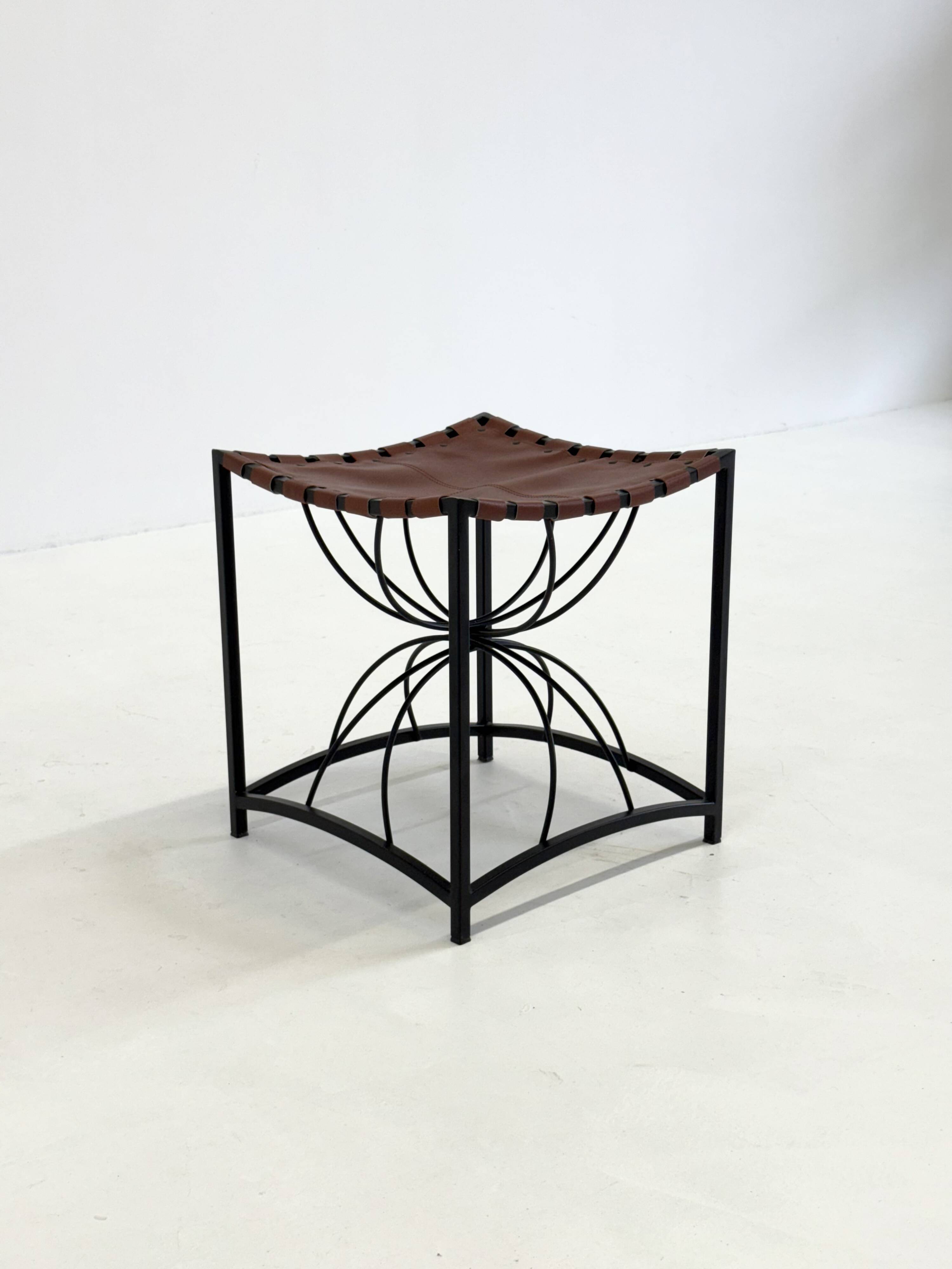 French elegant vintage stool with black metal and brown leather