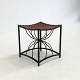 French elegant vintage stool with black metal and brown leather