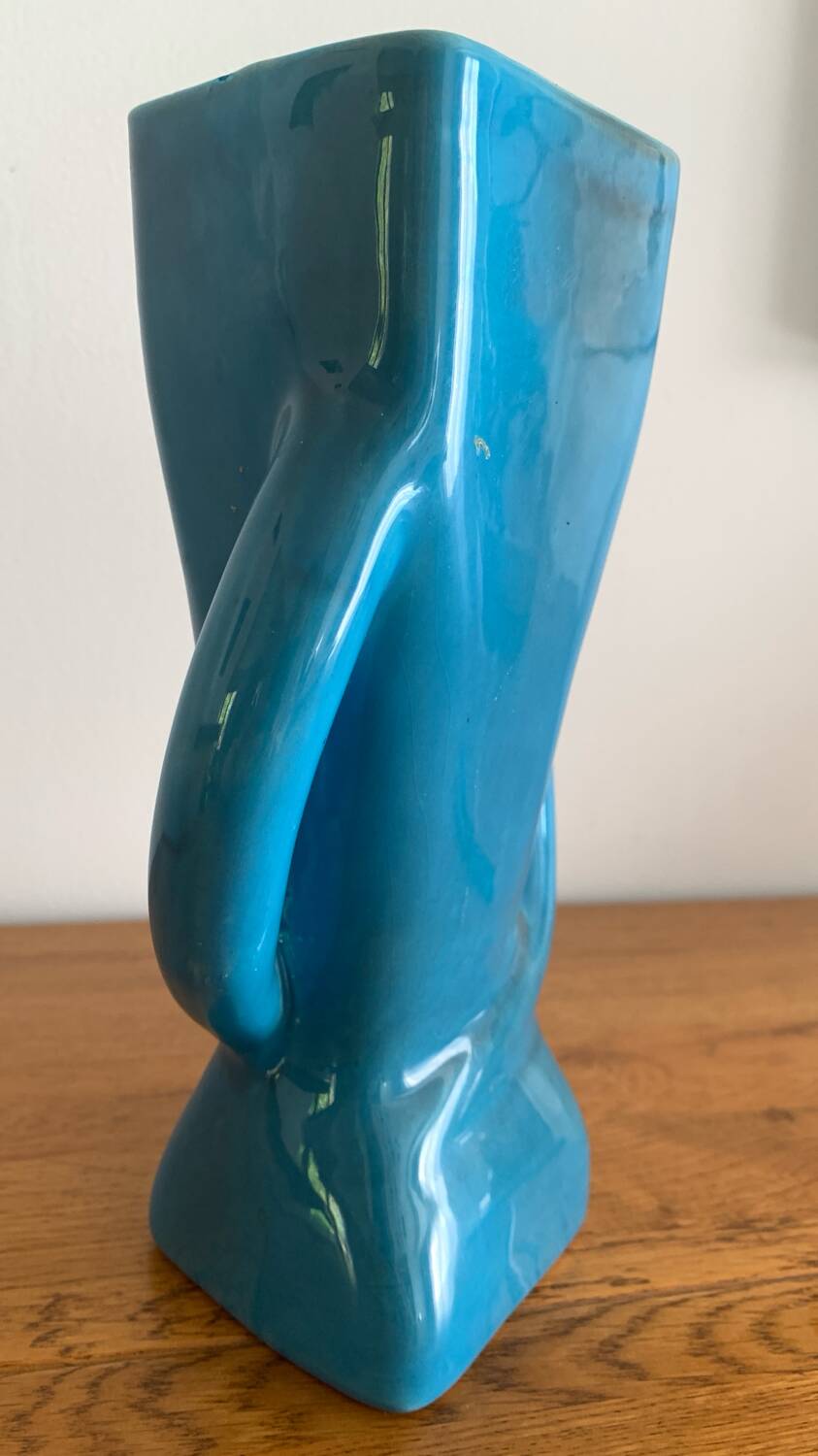Sculptural vase in azure blue ceramic, hand-painted floral decoration –