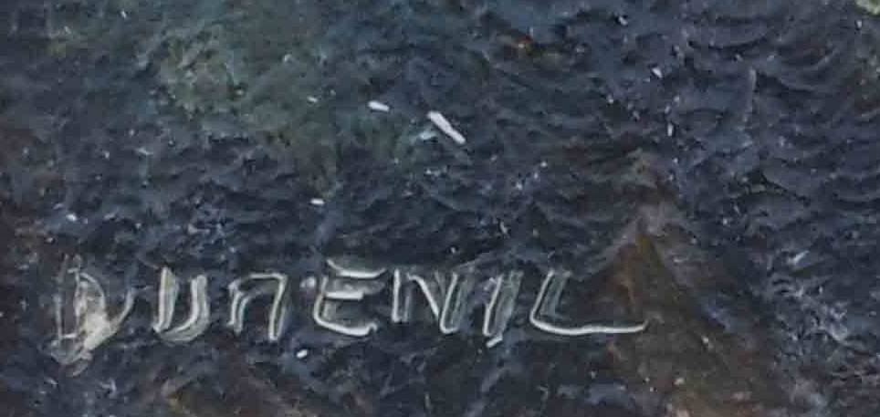 Mountain painting with path between trees signed Dumenil